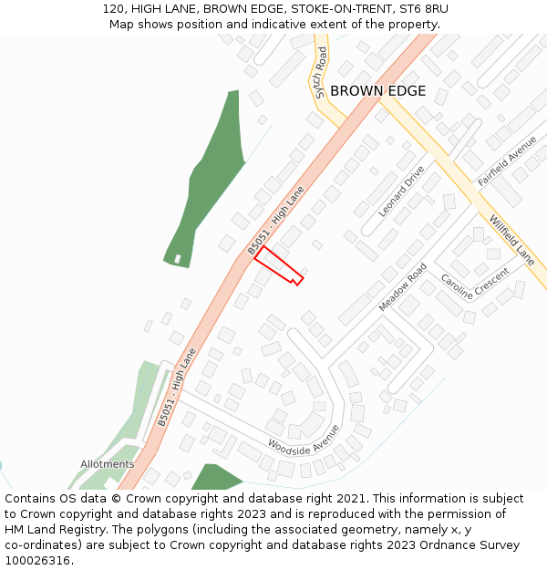 120, HIGH LANE, BROWN EDGE, STOKE-ON-TRENT, ST6 8RU: Location map and indicative extent of plot