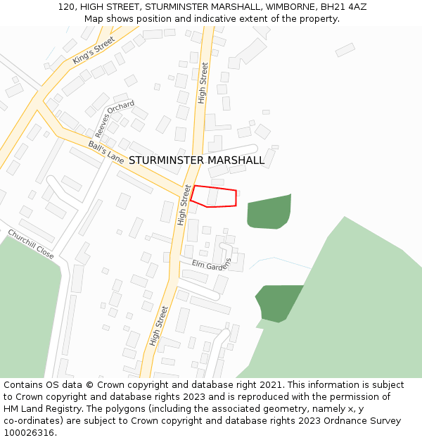 120, HIGH STREET, STURMINSTER MARSHALL, WIMBORNE, BH21 4AZ: Location map and indicative extent of plot