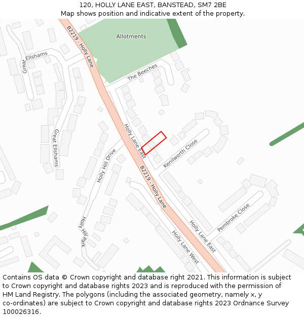 120, HOLLY LANE EAST, BANSTEAD, SM7 2BE: Location map and indicative extent of plot