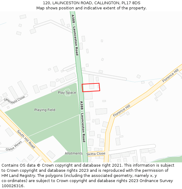 120, LAUNCESTON ROAD, CALLINGTON, PL17 8DS: Location map and indicative extent of plot