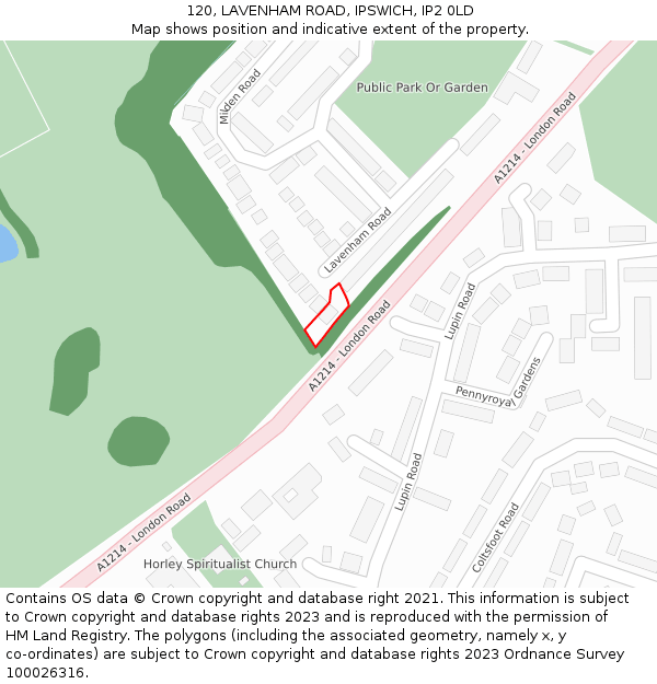 120, LAVENHAM ROAD, IPSWICH, IP2 0LD: Location map and indicative extent of plot