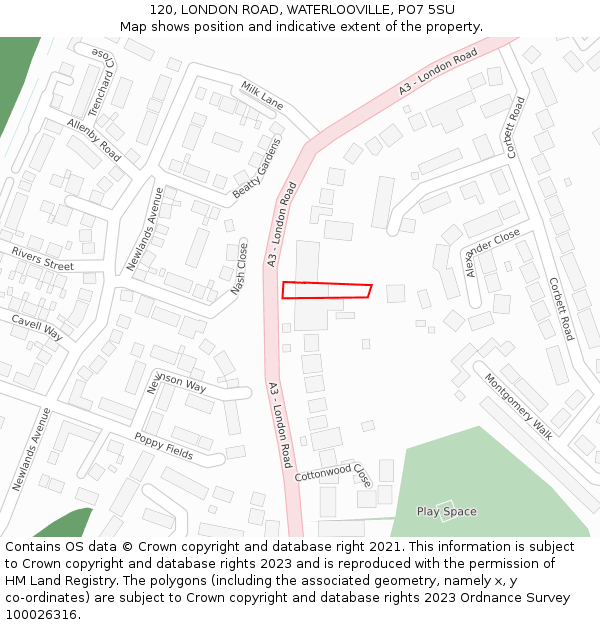 120, LONDON ROAD, WATERLOOVILLE, PO7 5SU: Location map and indicative extent of plot