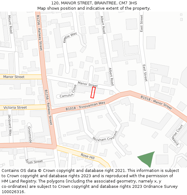 120, MANOR STREET, BRAINTREE, CM7 3HS: Location map and indicative extent of plot