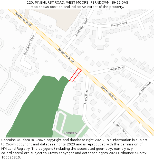 120, PINEHURST ROAD, WEST MOORS, FERNDOWN, BH22 0AS: Location map and indicative extent of plot