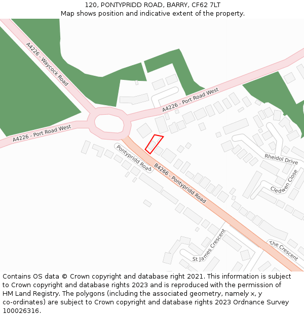 120, PONTYPRIDD ROAD, BARRY, CF62 7LT: Location map and indicative extent of plot