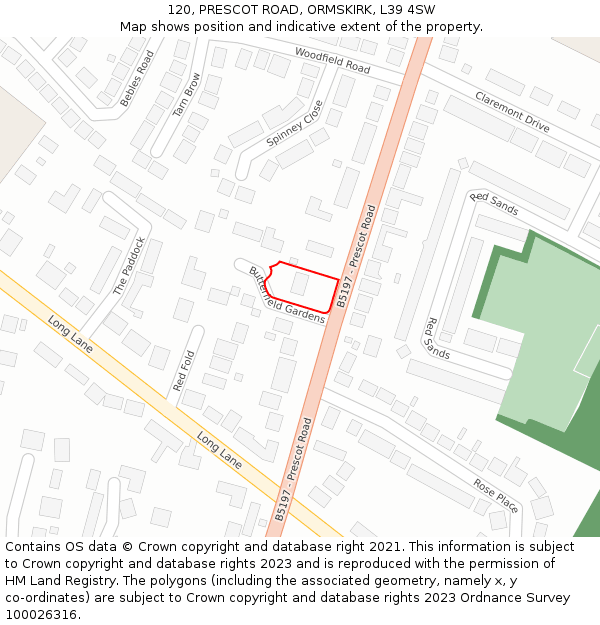 120, PRESCOT ROAD, ORMSKIRK, L39 4SW: Location map and indicative extent of plot