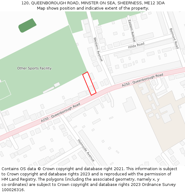 120, QUEENBOROUGH ROAD, MINSTER ON SEA, SHEERNESS, ME12 3DA: Location map and indicative extent of plot