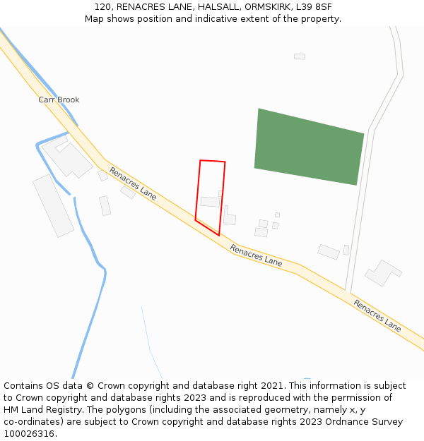 120, RENACRES LANE, HALSALL, ORMSKIRK, L39 8SF: Location map and indicative extent of plot