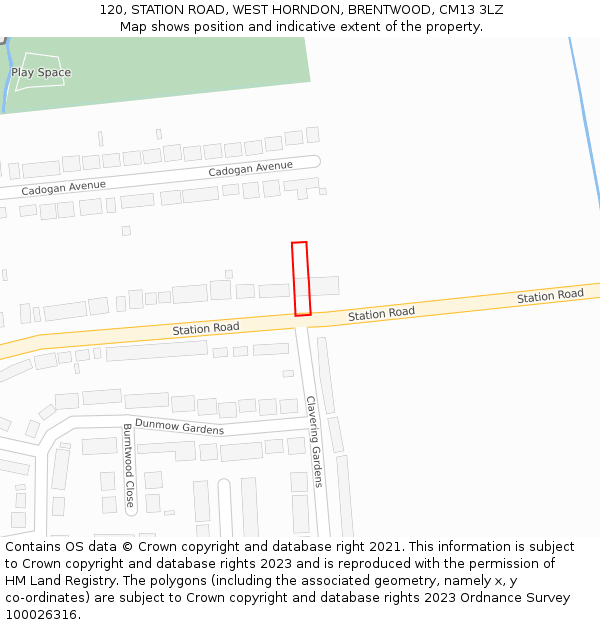 120, STATION ROAD, WEST HORNDON, BRENTWOOD, CM13 3LZ: Location map and indicative extent of plot