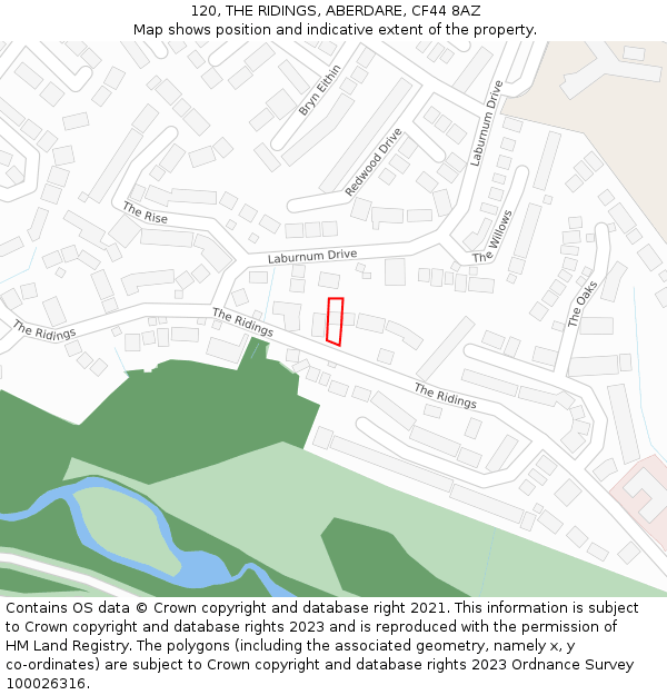 120, THE RIDINGS, ABERDARE, CF44 8AZ: Location map and indicative extent of plot