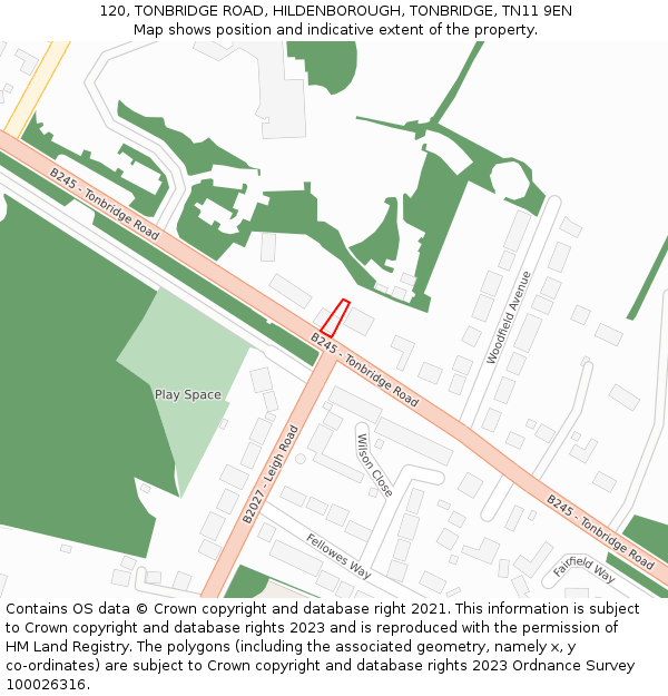 120, TONBRIDGE ROAD, HILDENBOROUGH, TONBRIDGE, TN11 9EN: Location map and indicative extent of plot