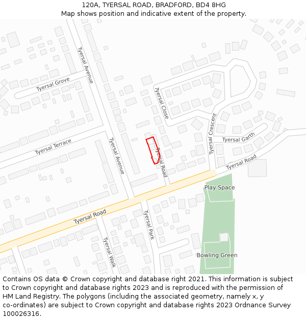 120A, TYERSAL ROAD, BRADFORD, BD4 8HG: Location map and indicative extent of plot