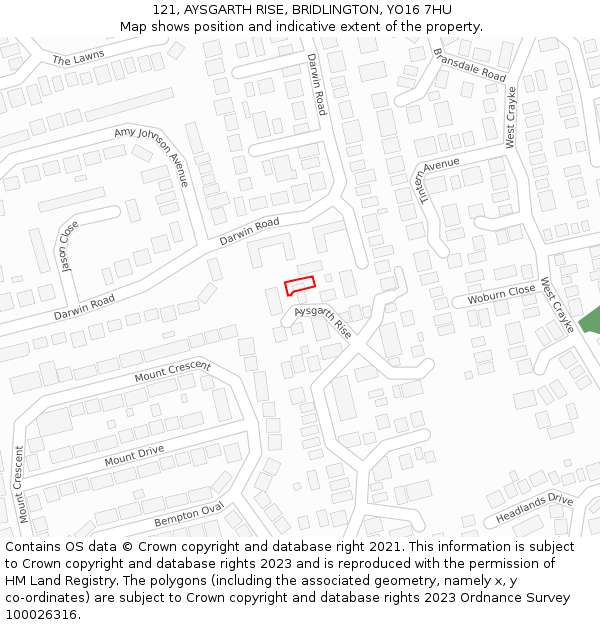 121, AYSGARTH RISE, BRIDLINGTON, YO16 7HU: Location map and indicative extent of plot