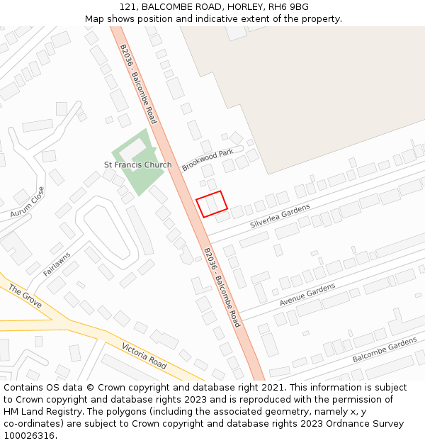 121, BALCOMBE ROAD, HORLEY, RH6 9BG: Location map and indicative extent of plot