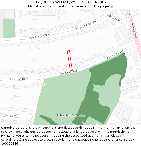 121, BILLY LOWS LANE, POTTERS BAR, EN6 1UY: Location map and indicative extent of plot