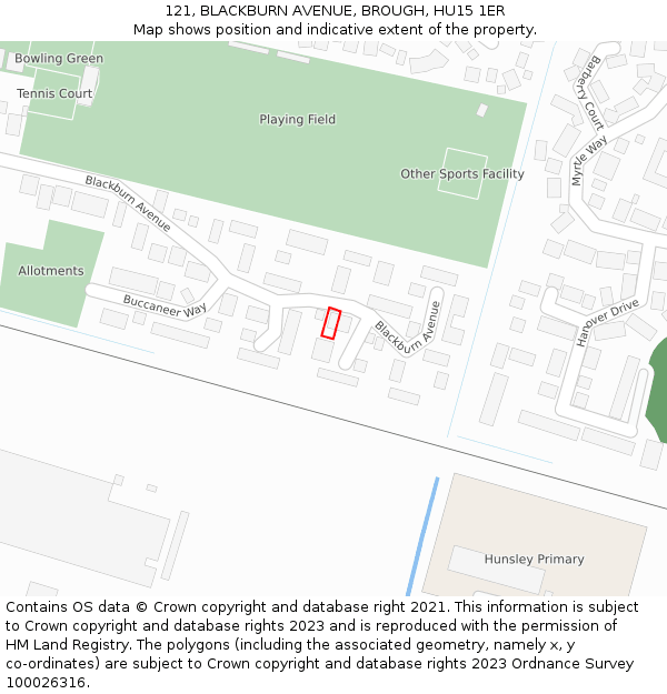 121, BLACKBURN AVENUE, BROUGH, HU15 1ER: Location map and indicative extent of plot