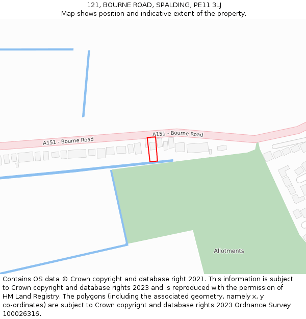121, BOURNE ROAD, SPALDING, PE11 3LJ: Location map and indicative extent of plot