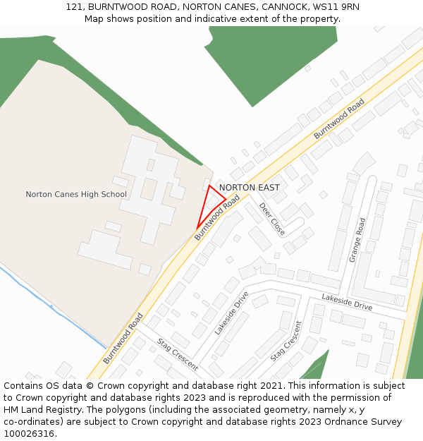 121, BURNTWOOD ROAD, NORTON CANES, CANNOCK, WS11 9RN: Location map and indicative extent of plot