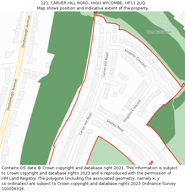 121, CARVER HILL ROAD, HIGH WYCOMBE, HP11 2UQ: Location map and indicative extent of plot