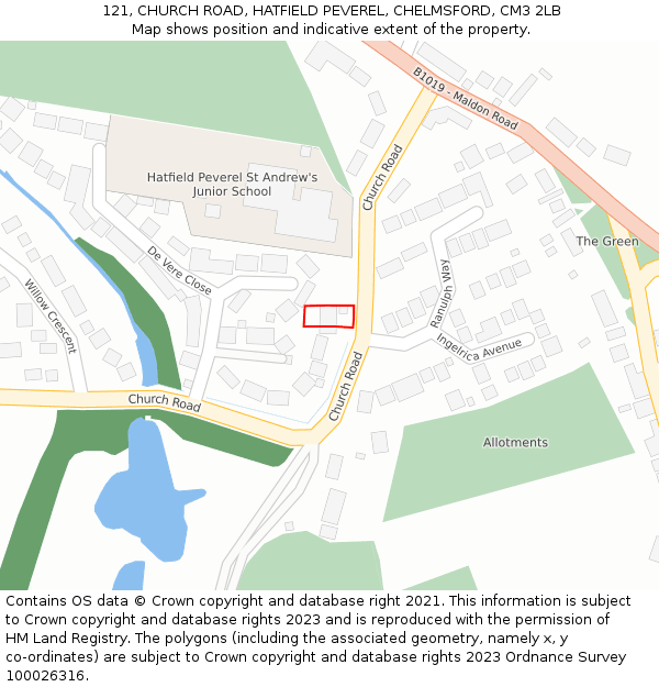 121, CHURCH ROAD, HATFIELD PEVEREL, CHELMSFORD, CM3 2LB: Location map and indicative extent of plot