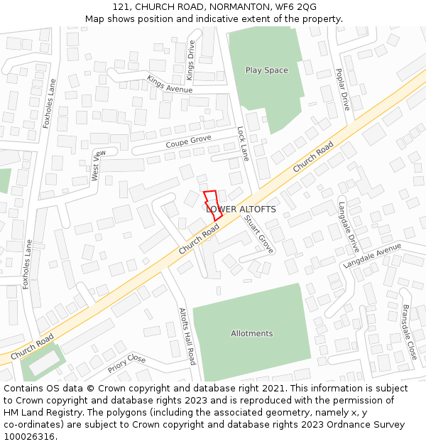 121, CHURCH ROAD, NORMANTON, WF6 2QG: Location map and indicative extent of plot