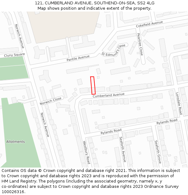 121, CUMBERLAND AVENUE, SOUTHEND-ON-SEA, SS2 4LG: Location map and indicative extent of plot