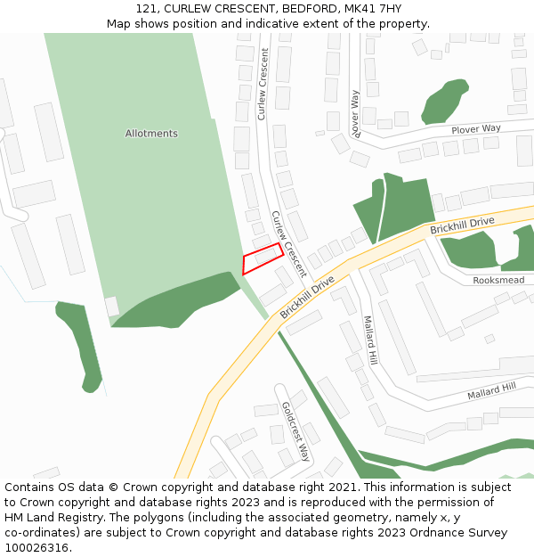 121, CURLEW CRESCENT, BEDFORD, MK41 7HY: Location map and indicative extent of plot