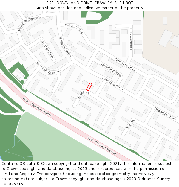 121, DOWNLAND DRIVE, CRAWLEY, RH11 8QT: Location map and indicative extent of plot