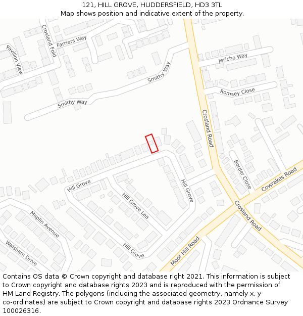 121, HILL GROVE, HUDDERSFIELD, HD3 3TL: Location map and indicative extent of plot