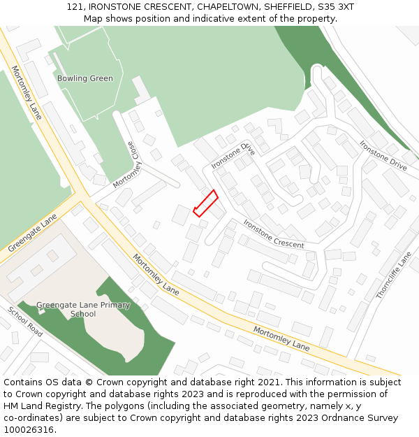 121, IRONSTONE CRESCENT, CHAPELTOWN, SHEFFIELD, S35 3XT: Location map and indicative extent of plot