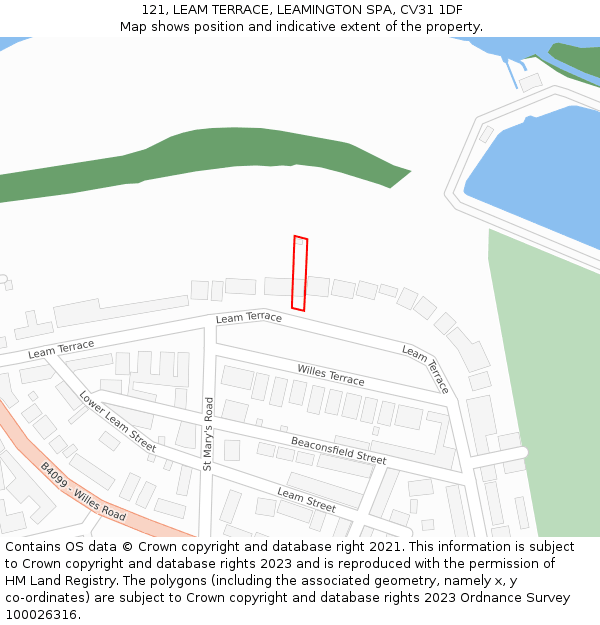 121, LEAM TERRACE, LEAMINGTON SPA, CV31 1DF: Location map and indicative extent of plot