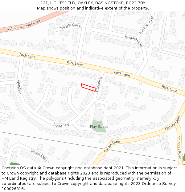 121, LIGHTSFIELD, OAKLEY, BASINGSTOKE, RG23 7BY: Location map and indicative extent of plot