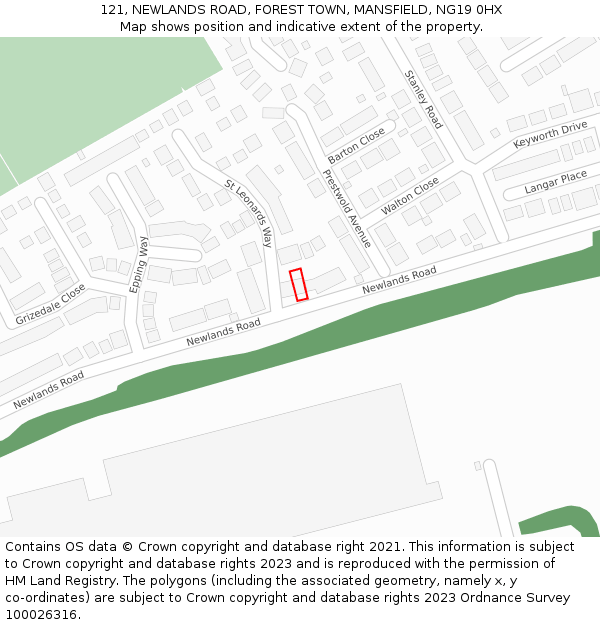 121, NEWLANDS ROAD, FOREST TOWN, MANSFIELD, NG19 0HX: Location map and indicative extent of plot