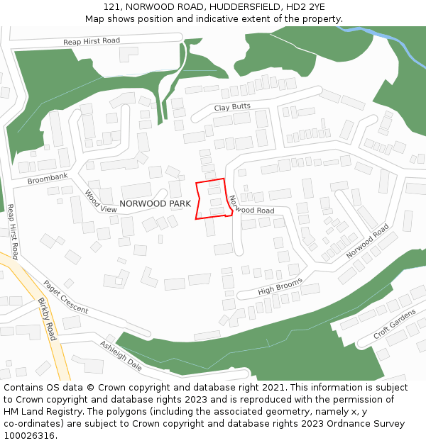 121, NORWOOD ROAD, HUDDERSFIELD, HD2 2YE: Location map and indicative extent of plot