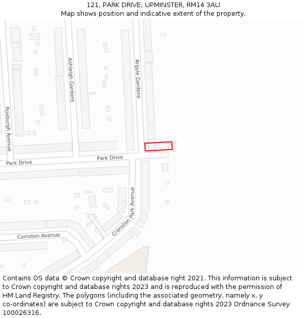 121, PARK DRIVE, UPMINSTER, RM14 3AU: Location map and indicative extent of plot