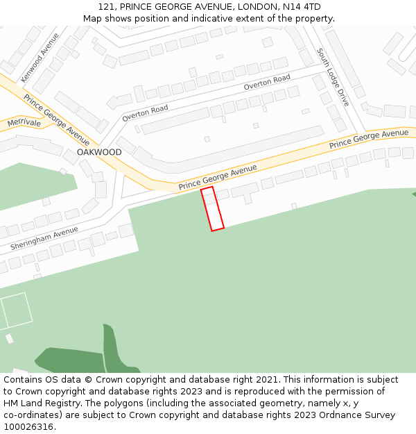 121, PRINCE GEORGE AVENUE, LONDON, N14 4TD: Location map and indicative extent of plot