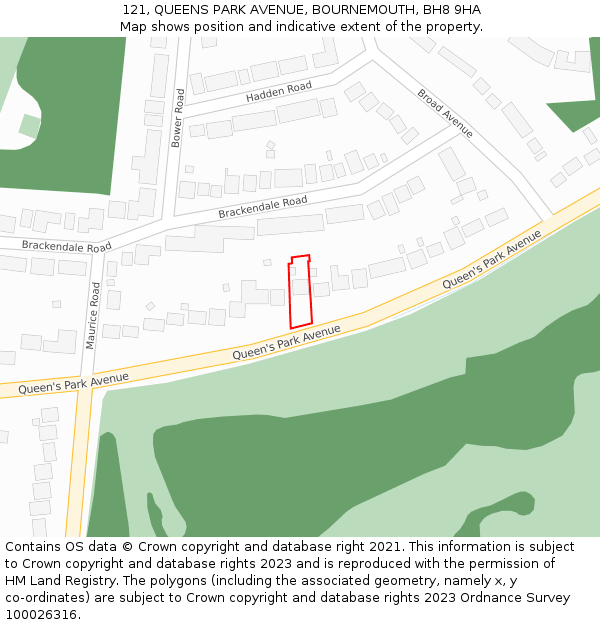 121, QUEENS PARK AVENUE, BOURNEMOUTH, BH8 9HA: Location map and indicative extent of plot