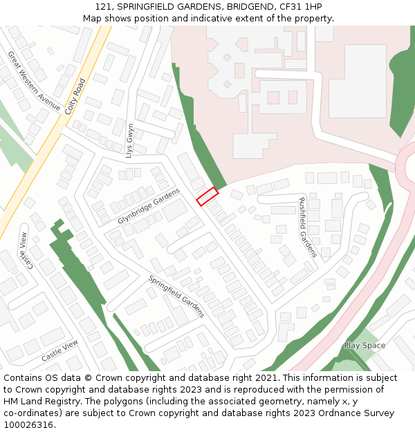 121, SPRINGFIELD GARDENS, BRIDGEND, CF31 1HP: Location map and indicative extent of plot