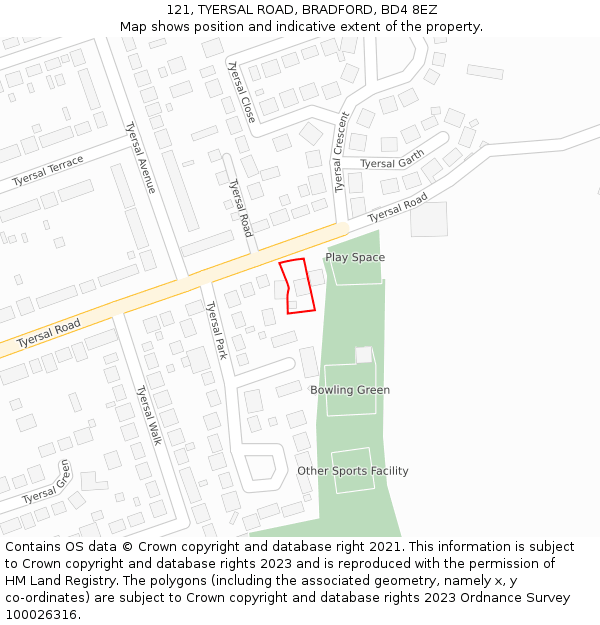 121, TYERSAL ROAD, BRADFORD, BD4 8EZ: Location map and indicative extent of plot