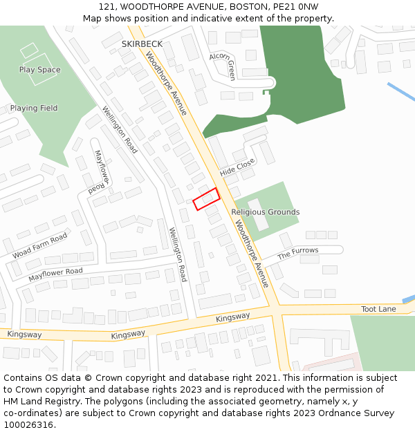 121, WOODTHORPE AVENUE, BOSTON, PE21 0NW: Location map and indicative extent of plot