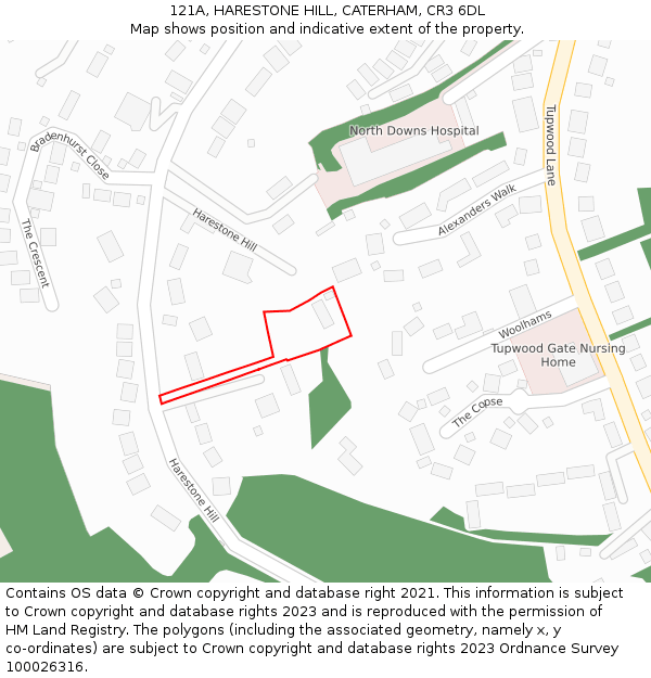 121A, HARESTONE HILL, CATERHAM, CR3 6DL: Location map and indicative extent of plot