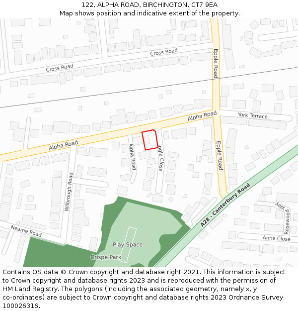 122, ALPHA ROAD, BIRCHINGTON, CT7 9EA: Location map and indicative extent of plot