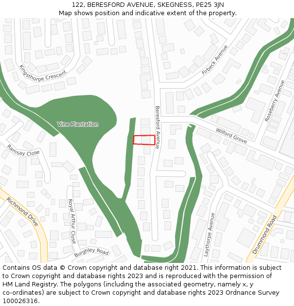 122, BERESFORD AVENUE, SKEGNESS, PE25 3JN: Location map and indicative extent of plot