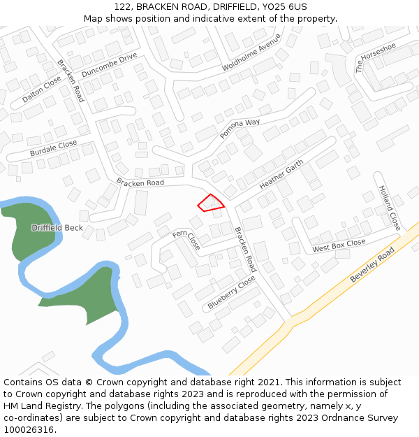 122, BRACKEN ROAD, DRIFFIELD, YO25 6US: Location map and indicative extent of plot