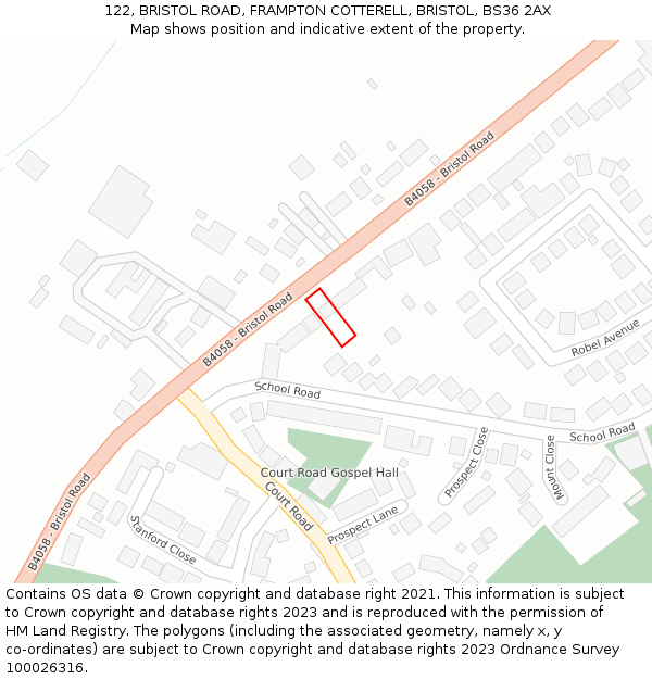 122, BRISTOL ROAD, FRAMPTON COTTERELL, BRISTOL, BS36 2AX: Location map and indicative extent of plot
