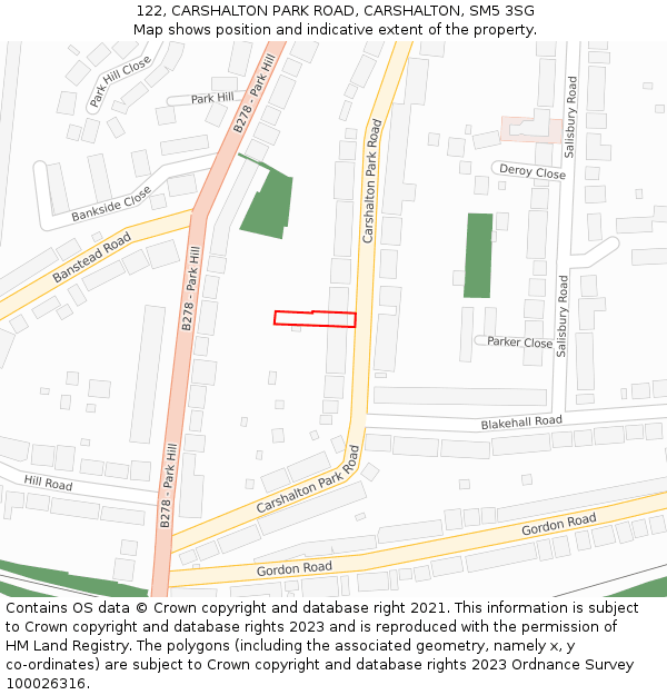 122, CARSHALTON PARK ROAD, CARSHALTON, SM5 3SG: Location map and indicative extent of plot