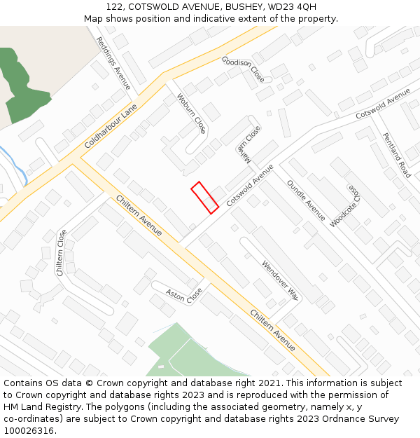 122, COTSWOLD AVENUE, BUSHEY, WD23 4QH: Location map and indicative extent of plot