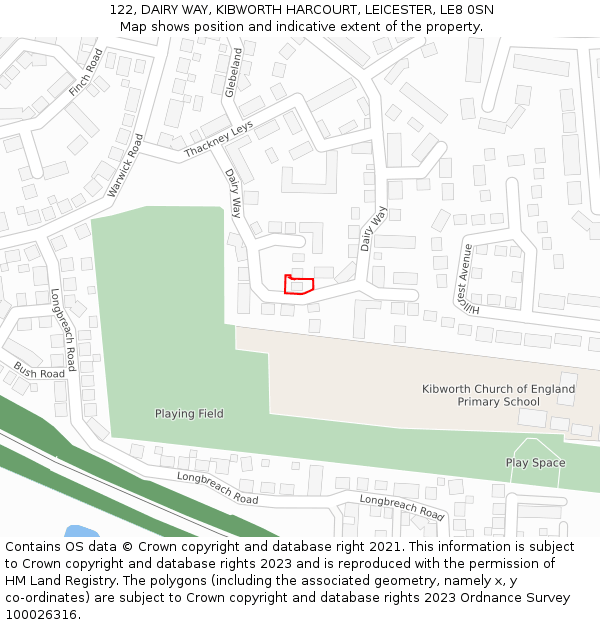 122, DAIRY WAY, KIBWORTH HARCOURT, LEICESTER, LE8 0SN: Location map and indicative extent of plot