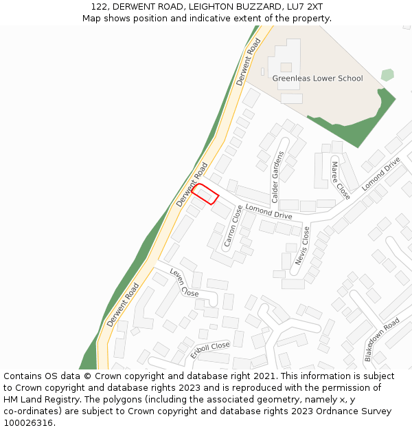 122, DERWENT ROAD, LEIGHTON BUZZARD, LU7 2XT: Location map and indicative extent of plot