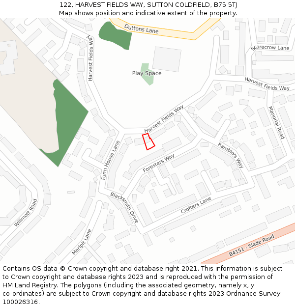 122, HARVEST FIELDS WAY, SUTTON COLDFIELD, B75 5TJ: Location map and indicative extent of plot